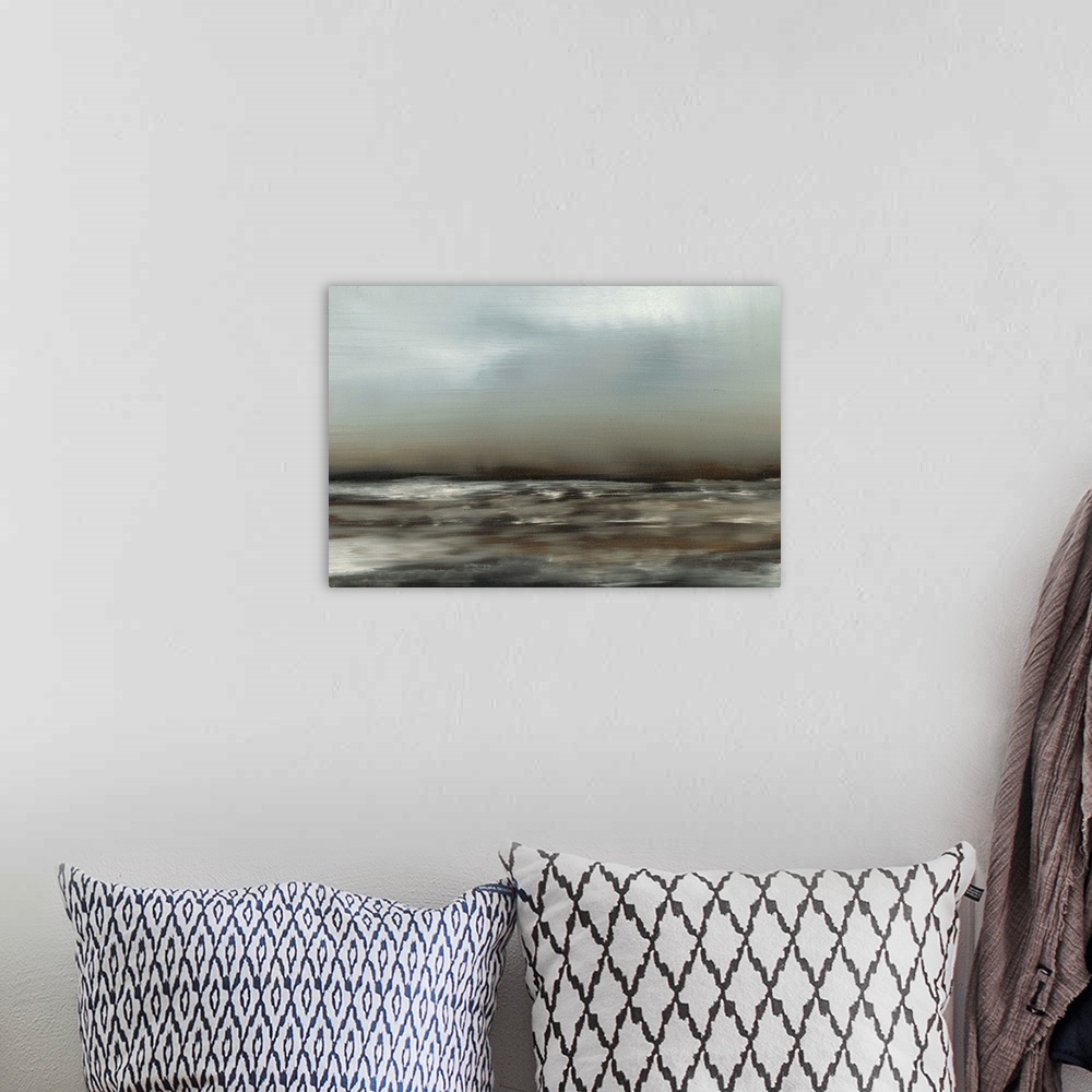 A bohemian room featuring Contemporary oceanscape painting of dark seawater under a pale sky.