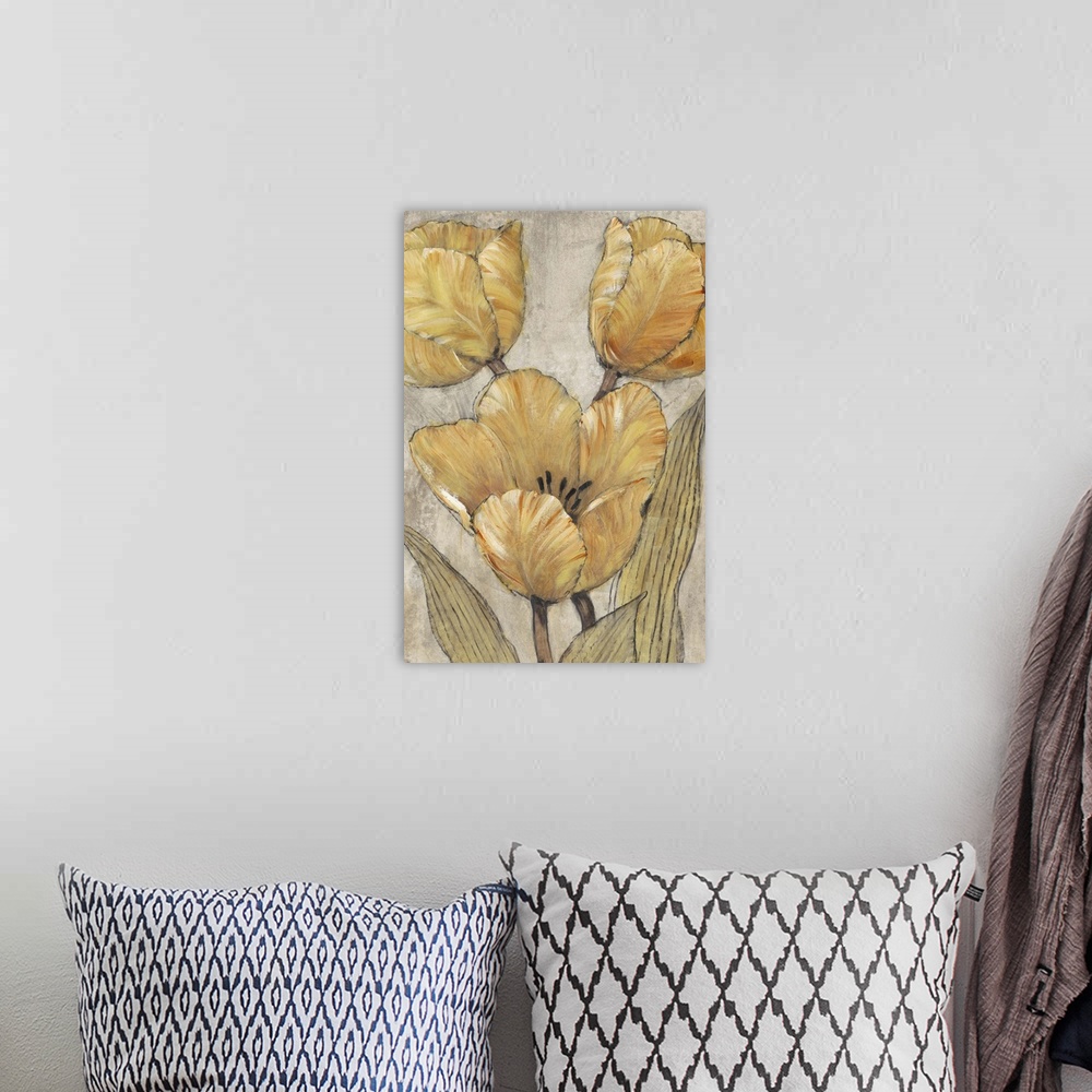 A bohemian room featuring Lively brush strokes create warm golden tulips over a textured gray background.