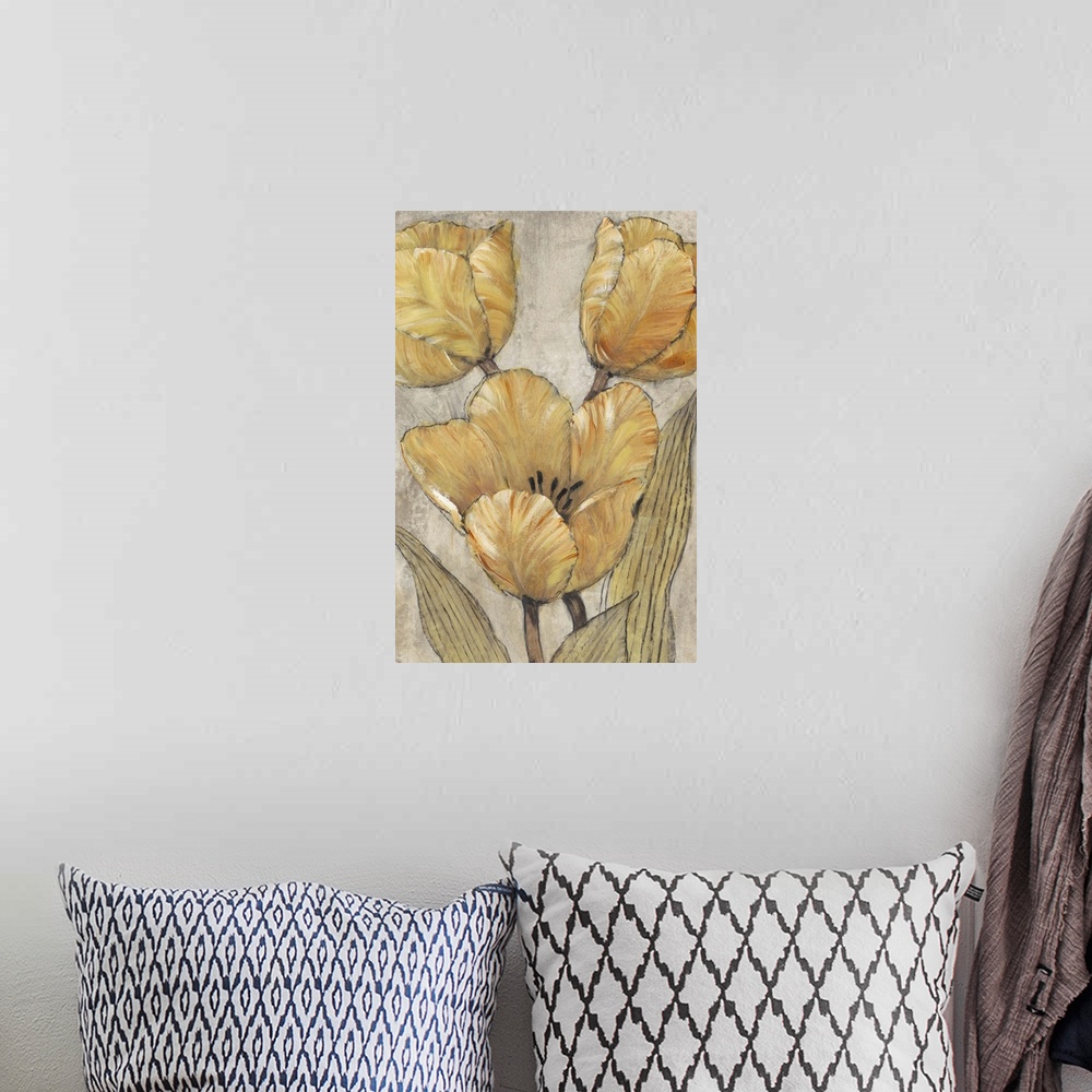 A bohemian room featuring Lively brush strokes create warm golden tulips over a textured gray background.
