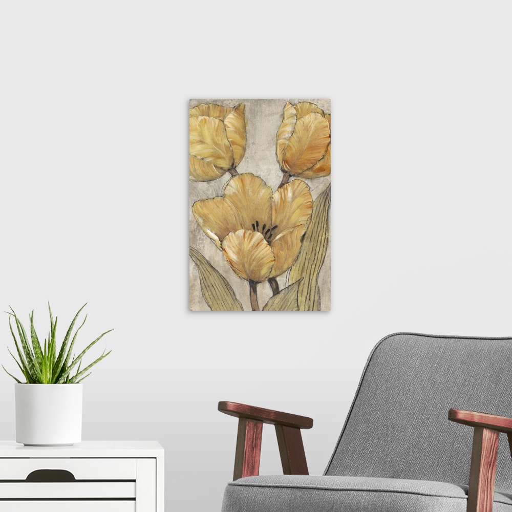 A modern room featuring Lively brush strokes create warm golden tulips over a textured gray background.