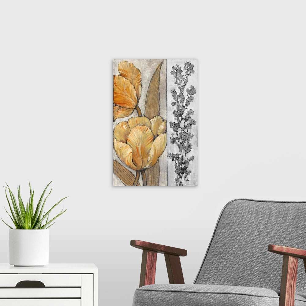 A modern room featuring Lively brush strokes create warm golden tulips over a textured gray background with strip of gray...