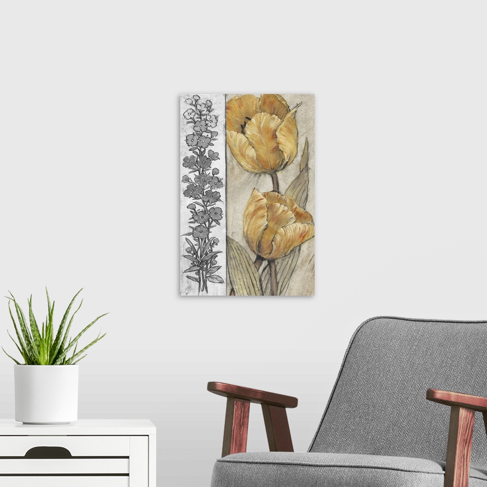 A modern room featuring Lively brush strokes create warm golden tulips over a textured gray background with strip of gray...