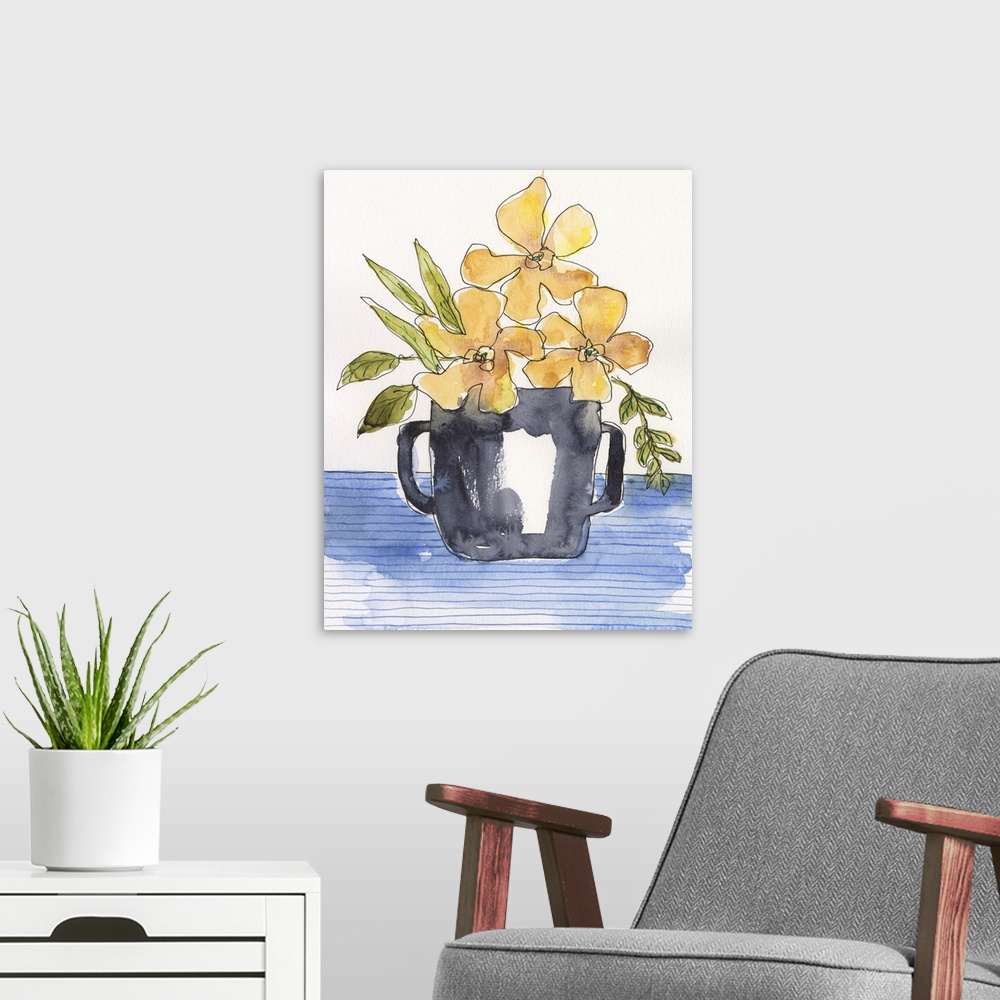 A modern room featuring Ochre Blooms II