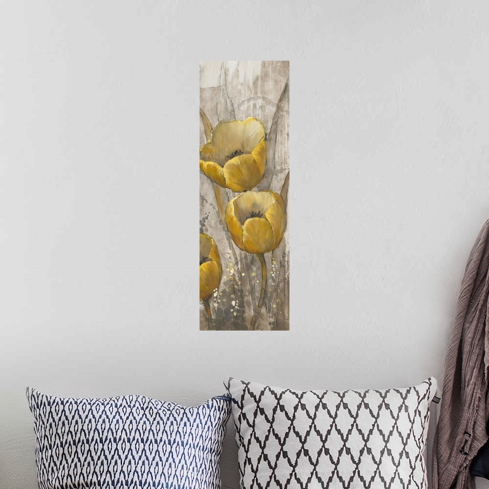 A bohemian room featuring Contemporary painting of ochre yellow tulips against a neutral background.