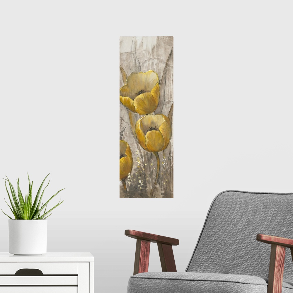 A modern room featuring Contemporary painting of ochre yellow tulips against a neutral background.