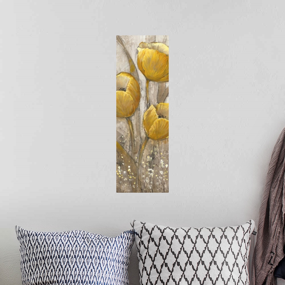 A bohemian room featuring Contemporary painting of ochre yellow tulips against a neutral background.