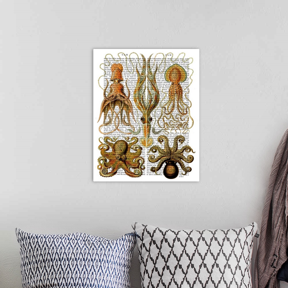 A bohemian room featuring Five varieties of squid and octopi painted over a vintage dictionary page.