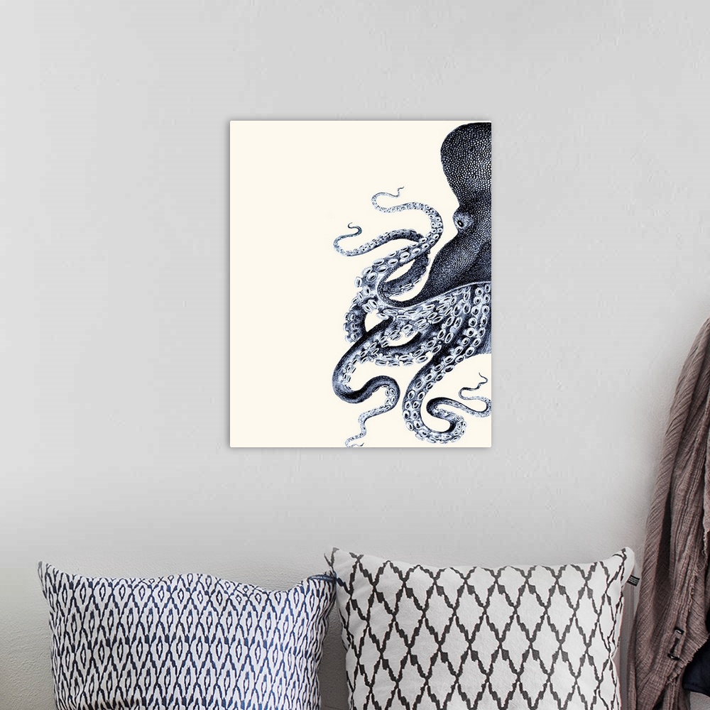 A bohemian room featuring Octopus Indigo Blue and Cream a