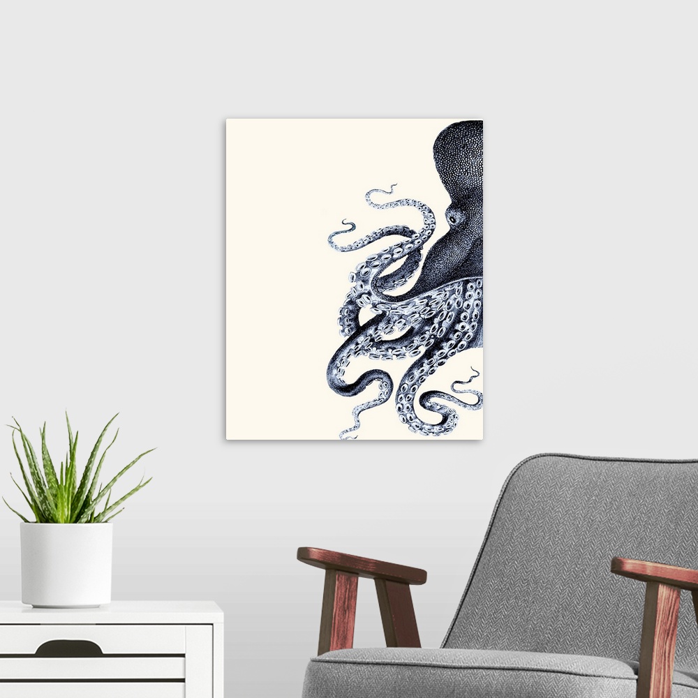 A modern room featuring Octopus Indigo Blue and Cream a