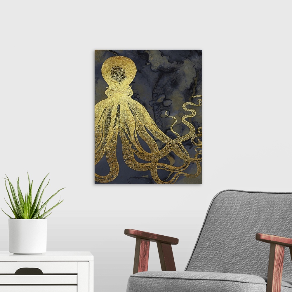 A modern room featuring Octopus Ink Gold & Blue I