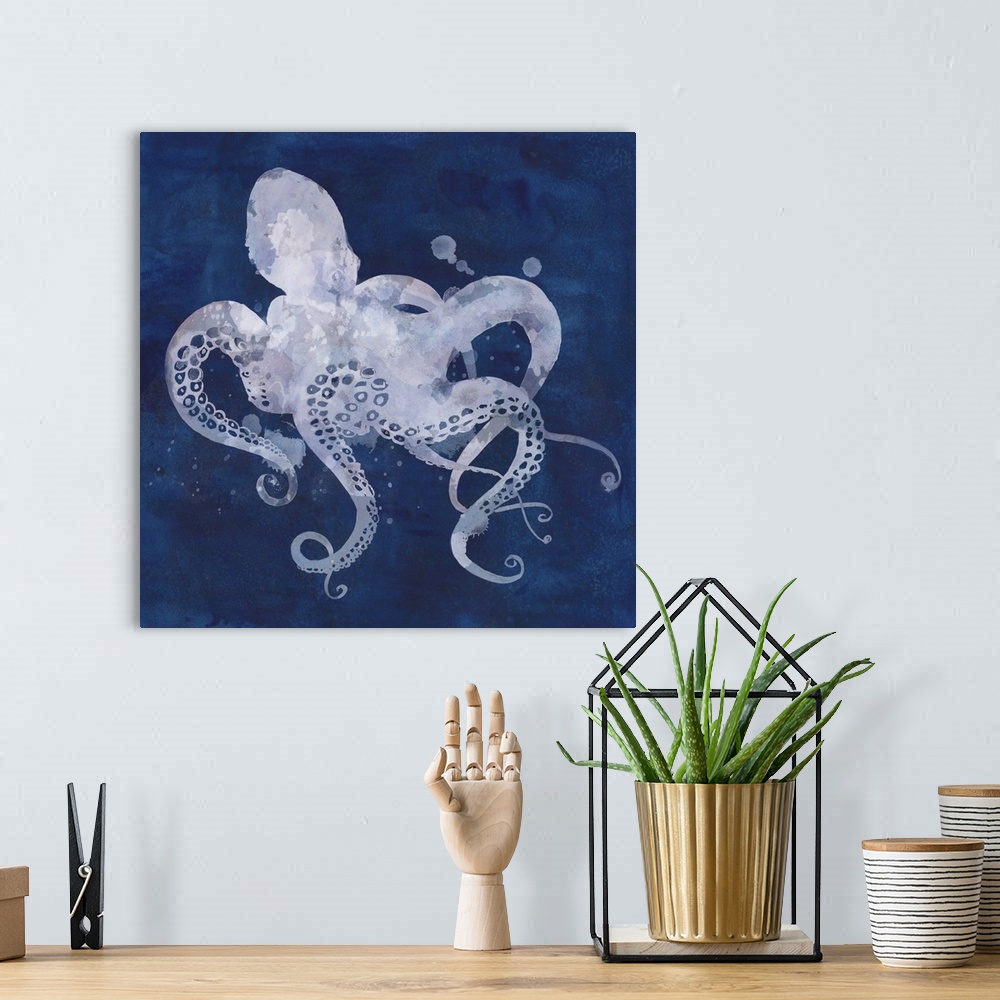 A bohemian room featuring Watercolor silhouette of an octopus on a dark blue background.