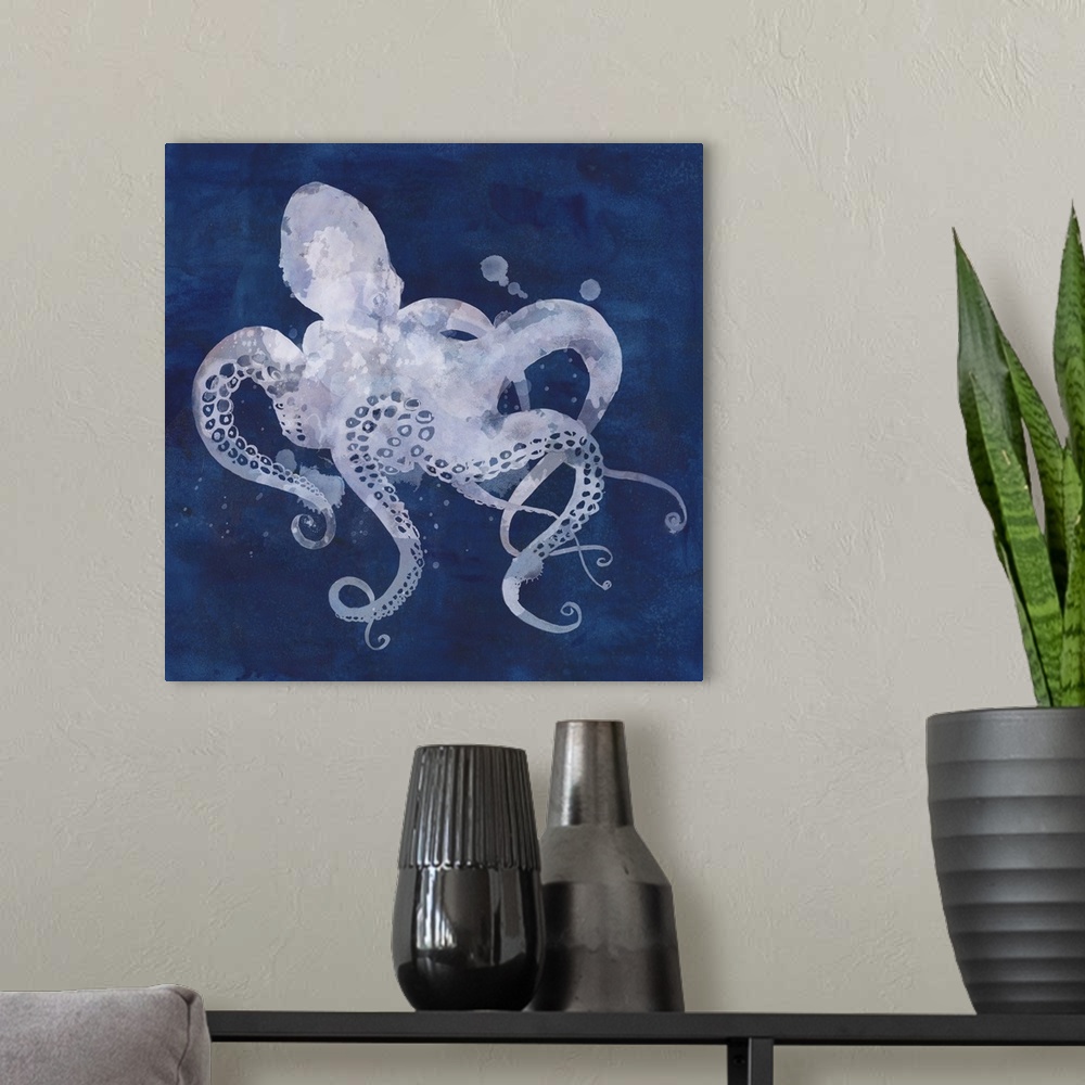 A modern room featuring Watercolor silhouette of an octopus on a dark blue background.