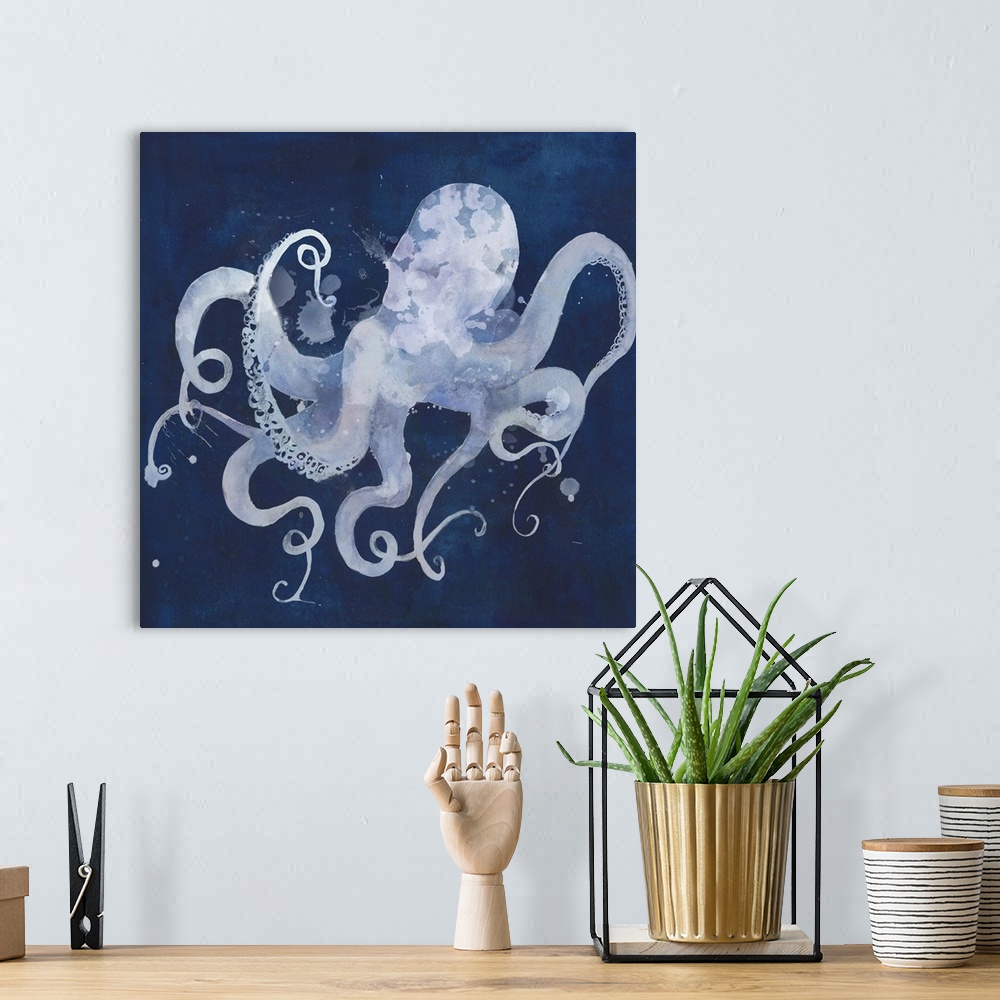 A bohemian room featuring Watercolor silhouette of an octopus on a dark blue background.