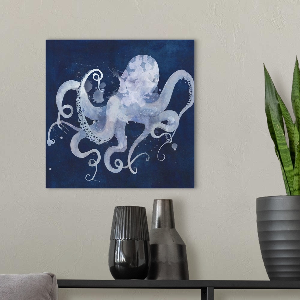 A modern room featuring Watercolor silhouette of an octopus on a dark blue background.