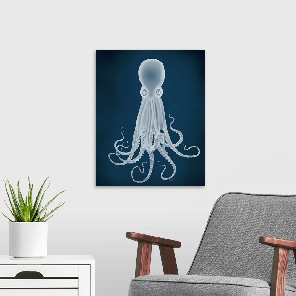 A modern room featuring Octopus VIII, White on Blue