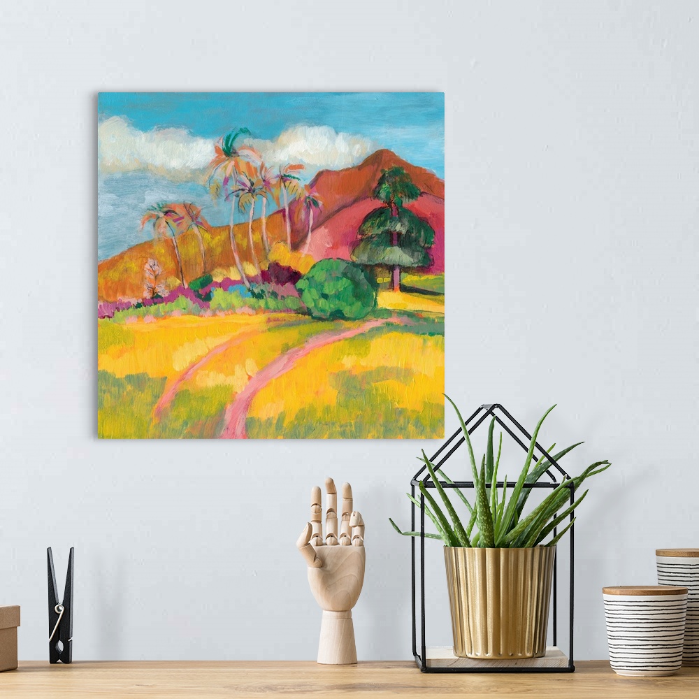 A bohemian room featuring This contemporary landscape features short vertical brush strokes to create a bright tropical mou...