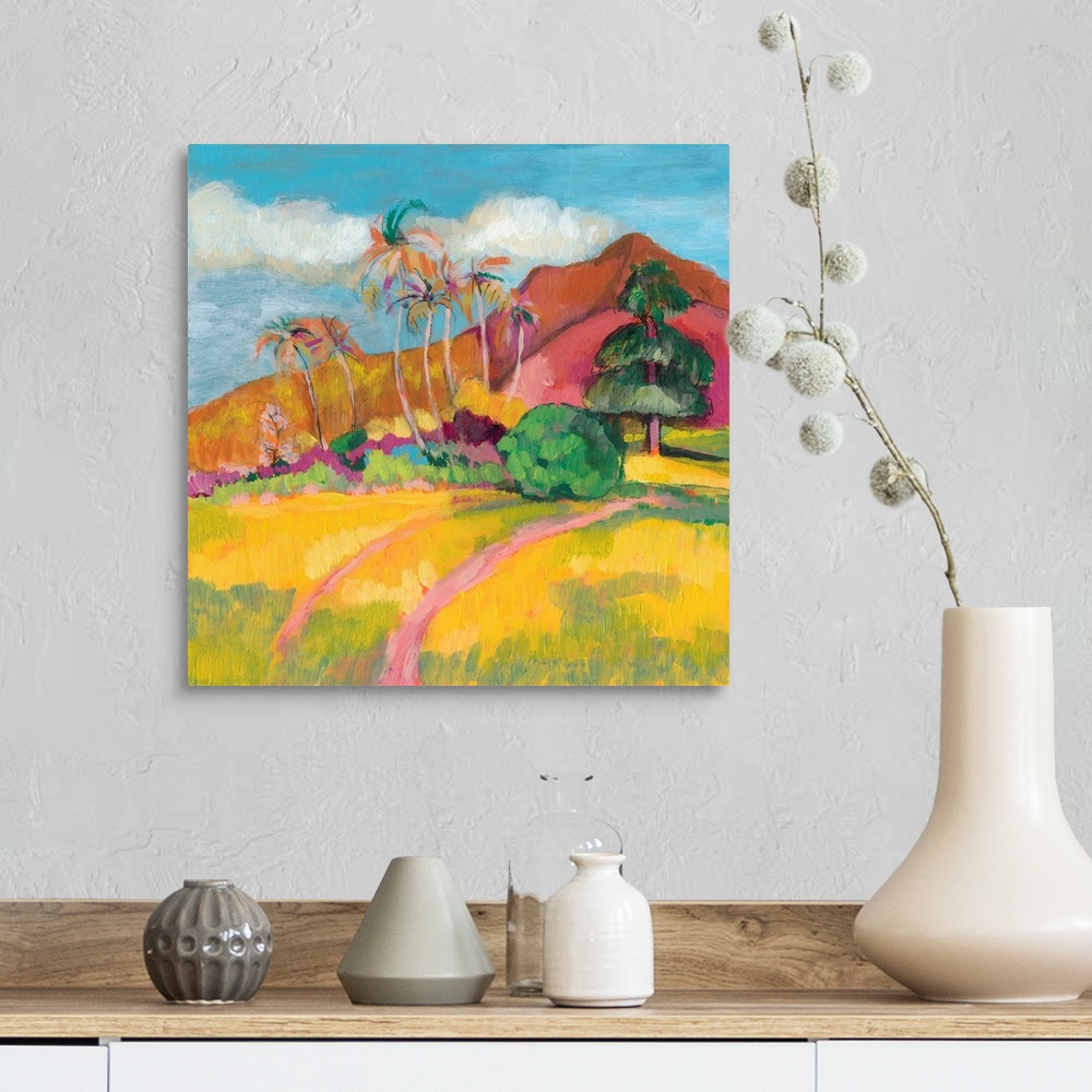 A farmhouse room featuring This contemporary landscape features short vertical brush strokes to create a bright tropical mou...