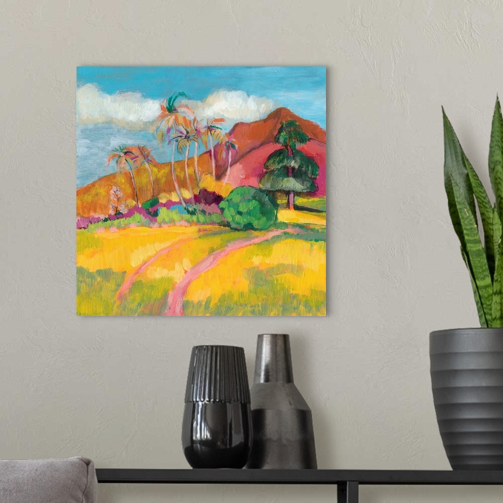 A modern room featuring This contemporary landscape features short vertical brush strokes to create a bright tropical mou...