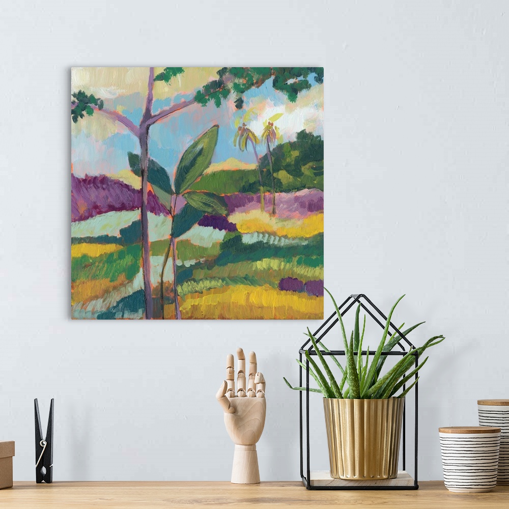 A bohemian room featuring This contemporary landscape features short vertical brush strokes to create a bright wilderness l...