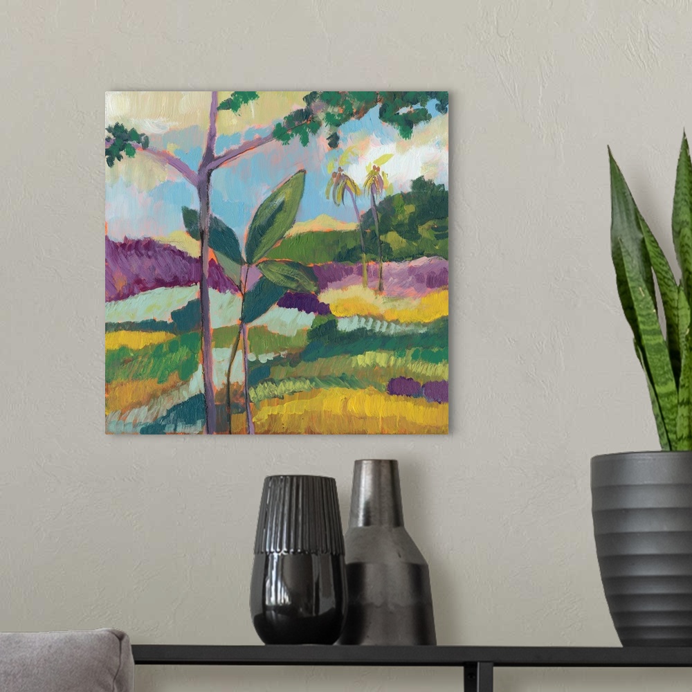 A modern room featuring This contemporary landscape features short vertical brush strokes to create a bright wilderness l...