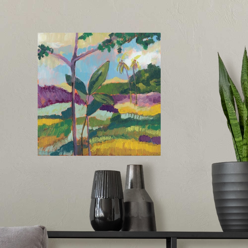 A modern room featuring This contemporary landscape features short vertical brush strokes to create a bright wilderness l...