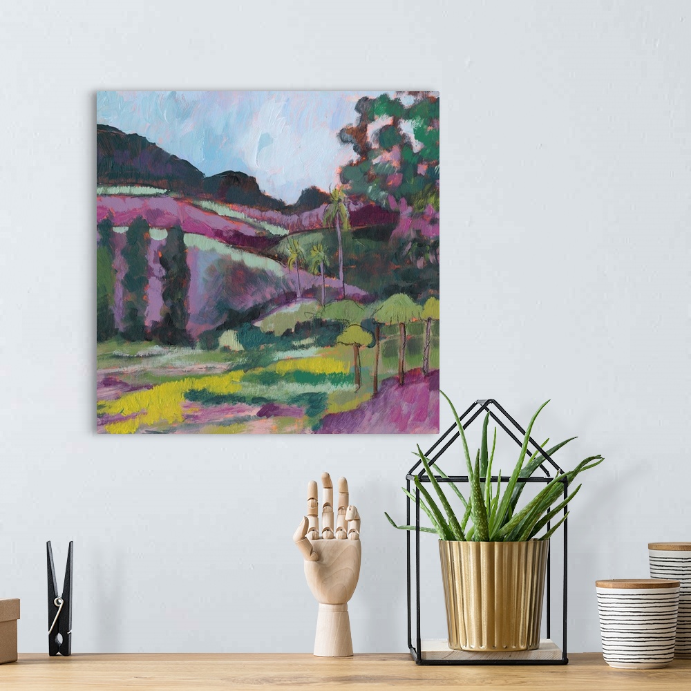 A bohemian room featuring Inspired by an impressionist artist, this countryside landscape painting features a bold palette ...