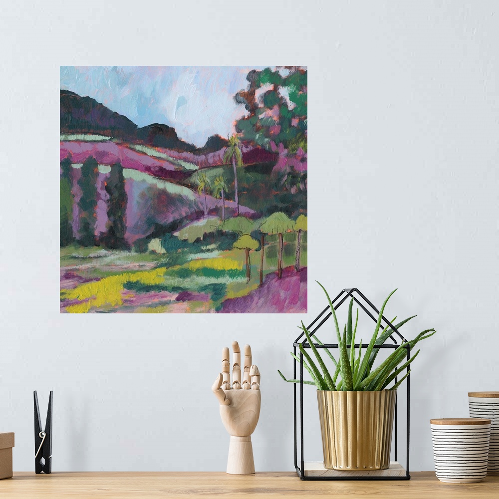 A bohemian room featuring Inspired by an impressionist artist, this countryside landscape painting features a bold palette ...