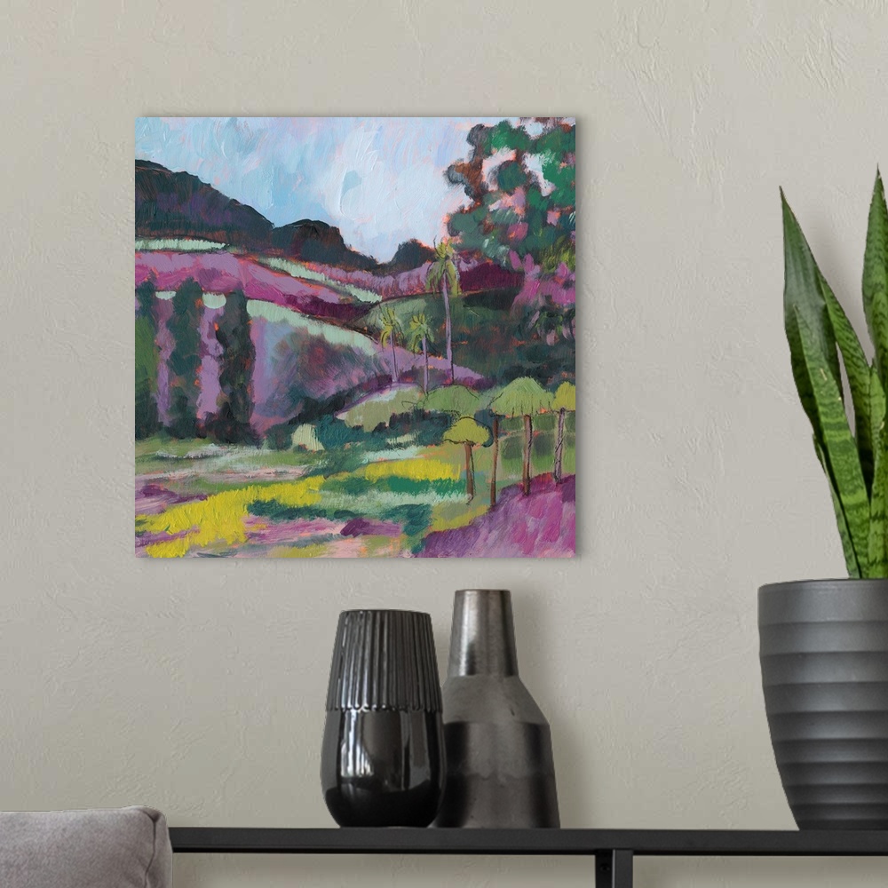 A modern room featuring Inspired by an impressionist artist, this countryside landscape painting features a bold palette ...