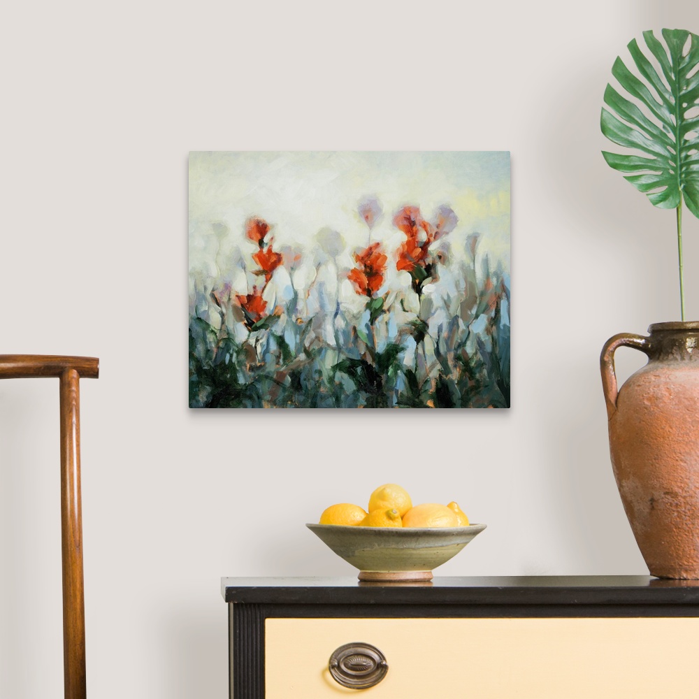A traditional room featuring Impressionist style artwork of bright red wildflowers.