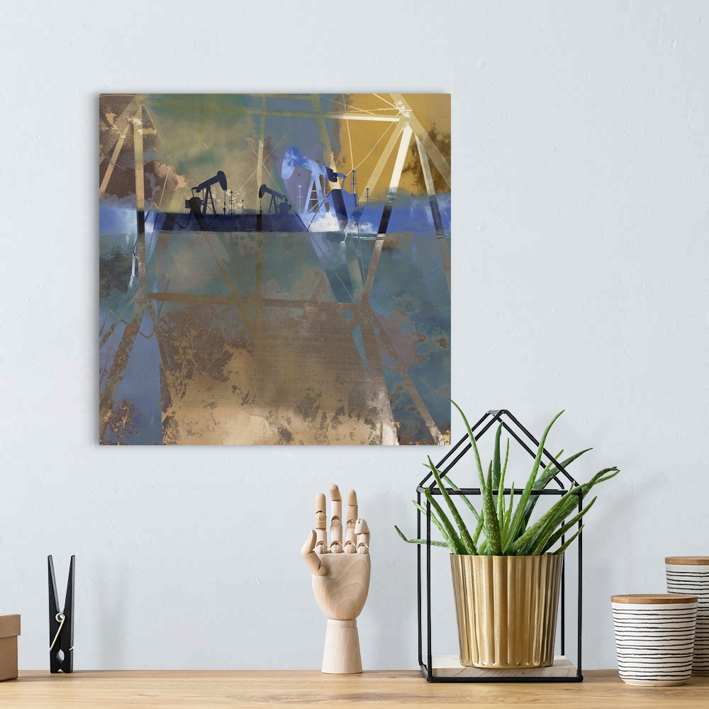 A bohemian room featuring Abstract artwork of oil rigs against a multi-layered and colored surrounding.