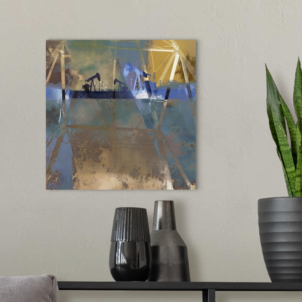 A modern room featuring Abstract artwork of oil rigs against a multi-layered and colored surrounding.