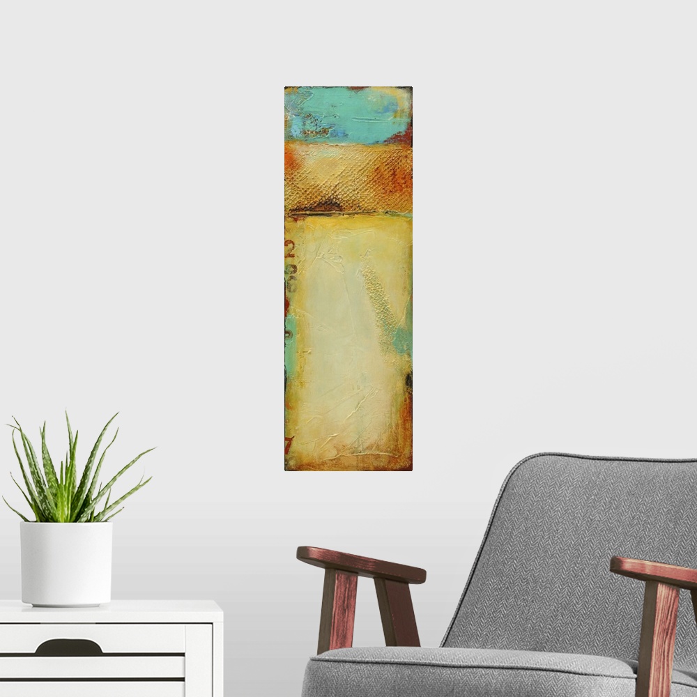 A modern room featuring Vertical contemporary painting of an abstract landscape, recalling thoughts of summer on the beach.