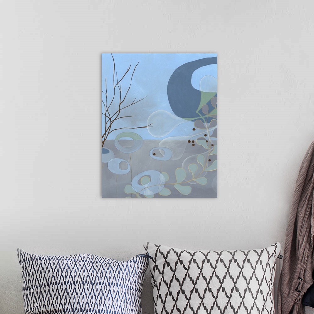 A bohemian room featuring Contemporary abstract artwork resembling an underwater scene.