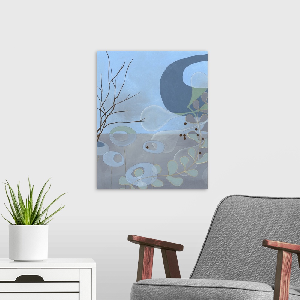 A modern room featuring Contemporary abstract artwork resembling an underwater scene.