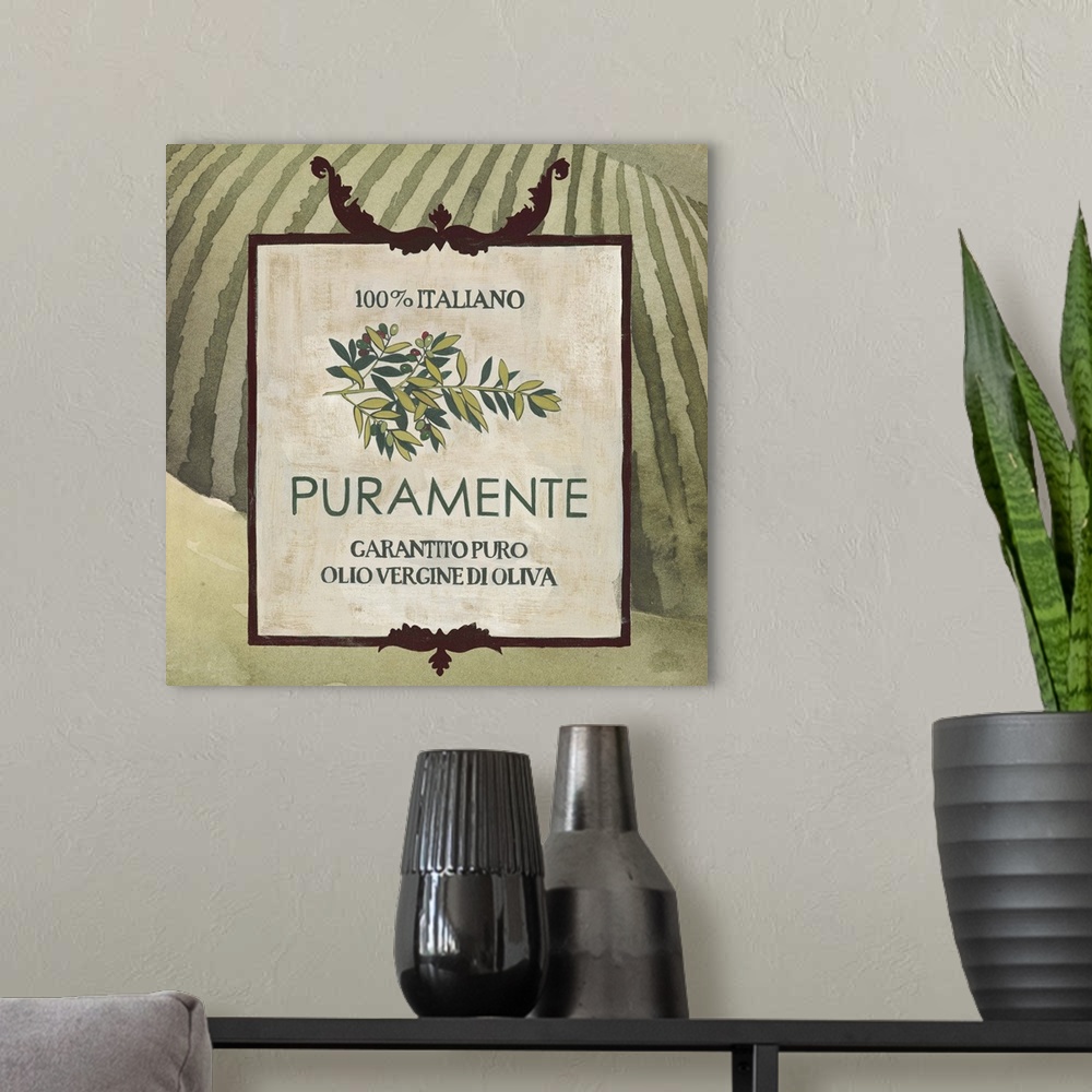 A modern room featuring Painting of a classic olive oil label with a Tuscan landscape.