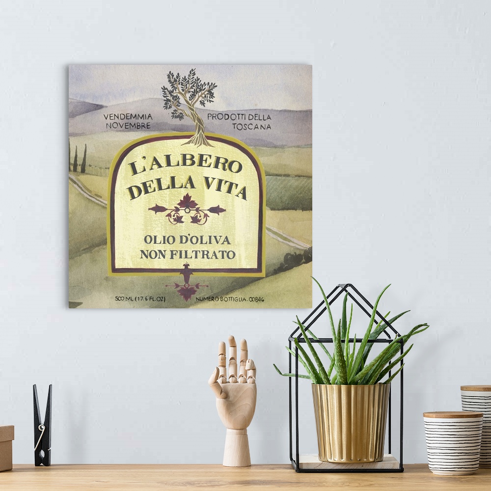 A bohemian room featuring Painting of a classic olive oil label with a Tuscan landscape.