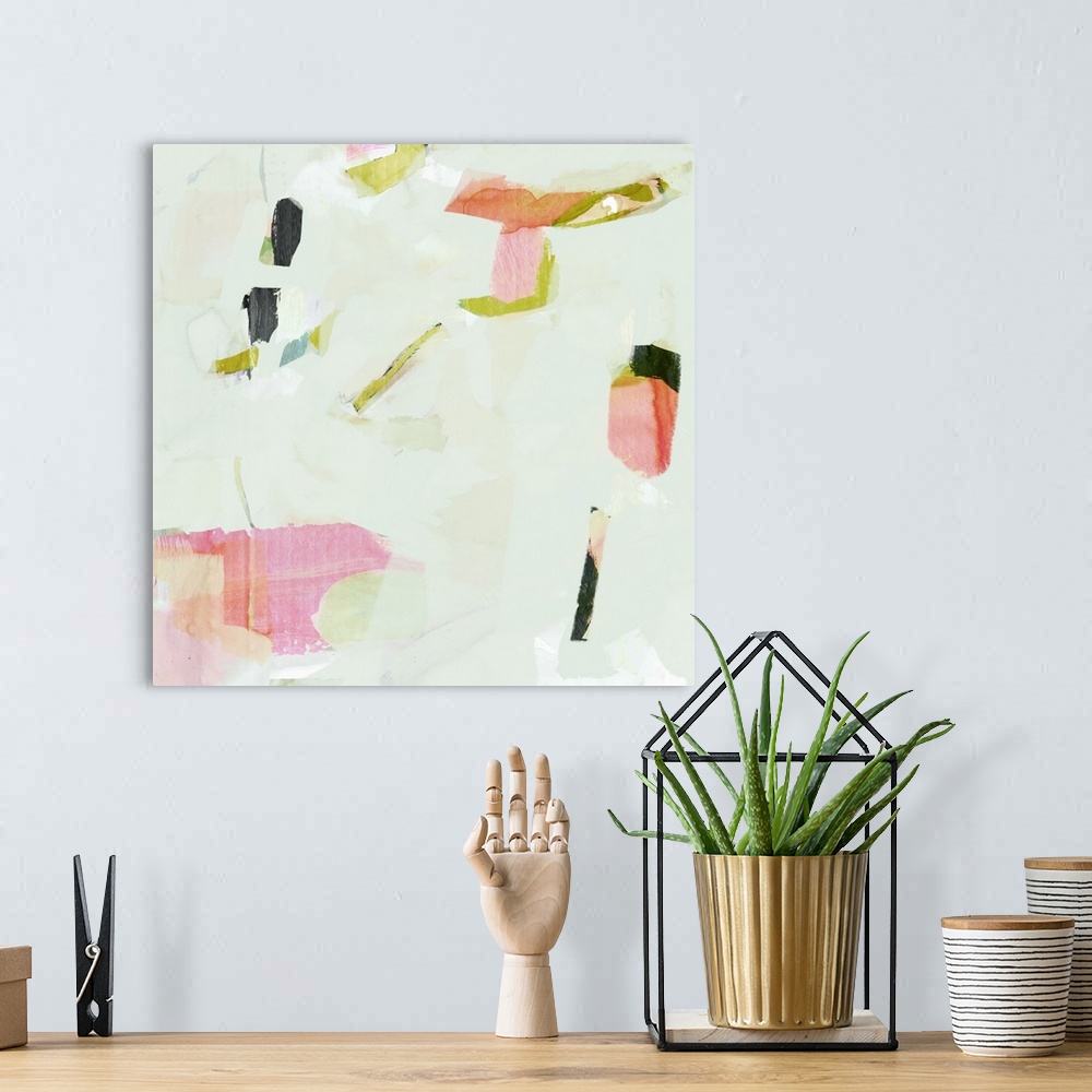 A bohemian room featuring This abstract artwork features scattered pops of pink, orange and green against a soft green back...