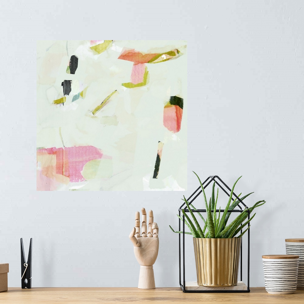A bohemian room featuring This abstract artwork features scattered pops of pink, orange and green against a soft green back...
