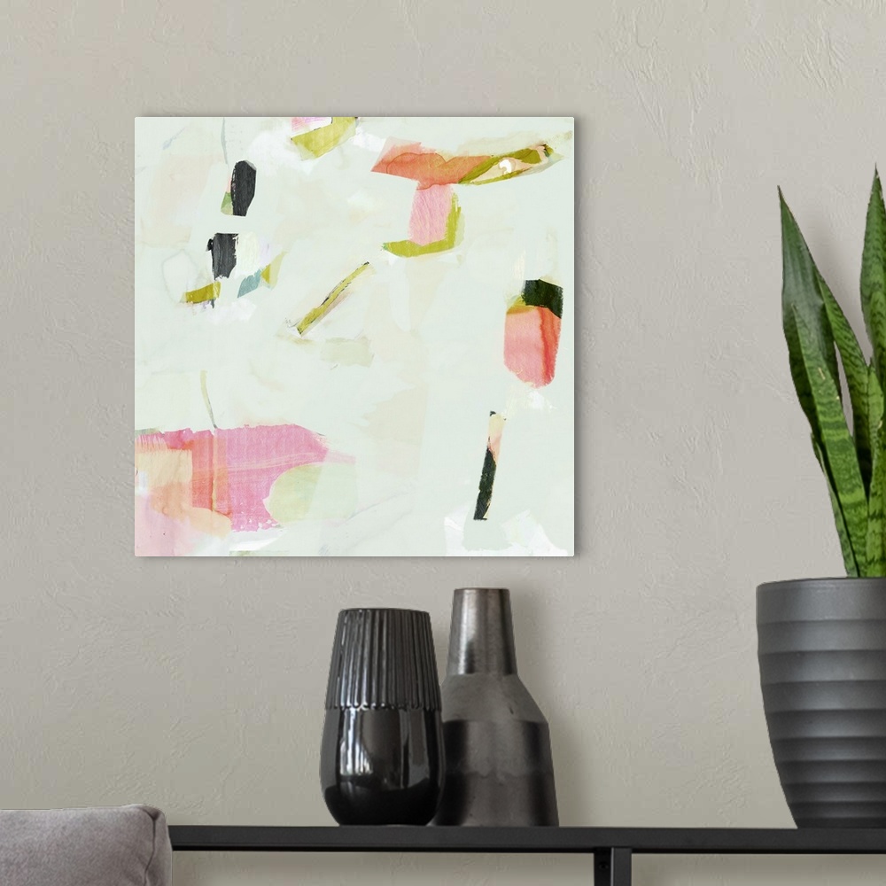 A modern room featuring This abstract artwork features scattered pops of pink, orange and green against a soft green back...