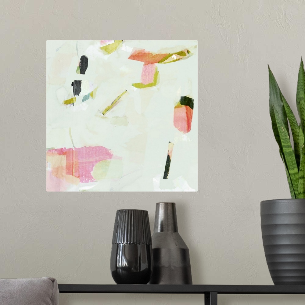 A modern room featuring This abstract artwork features scattered pops of pink, orange and green against a soft green back...