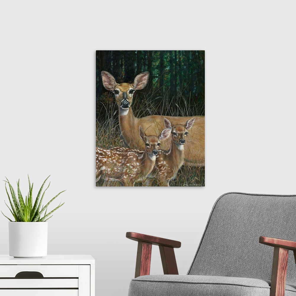 A modern room featuring Contemporary painting of a mother deer with offspring.