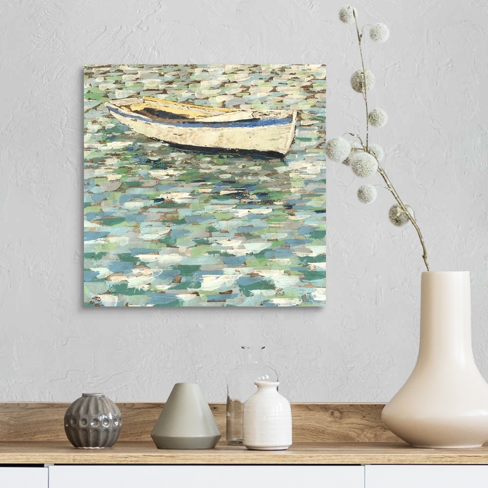 A farmhouse room featuring Contemporary painting of an empty row boat in still water.