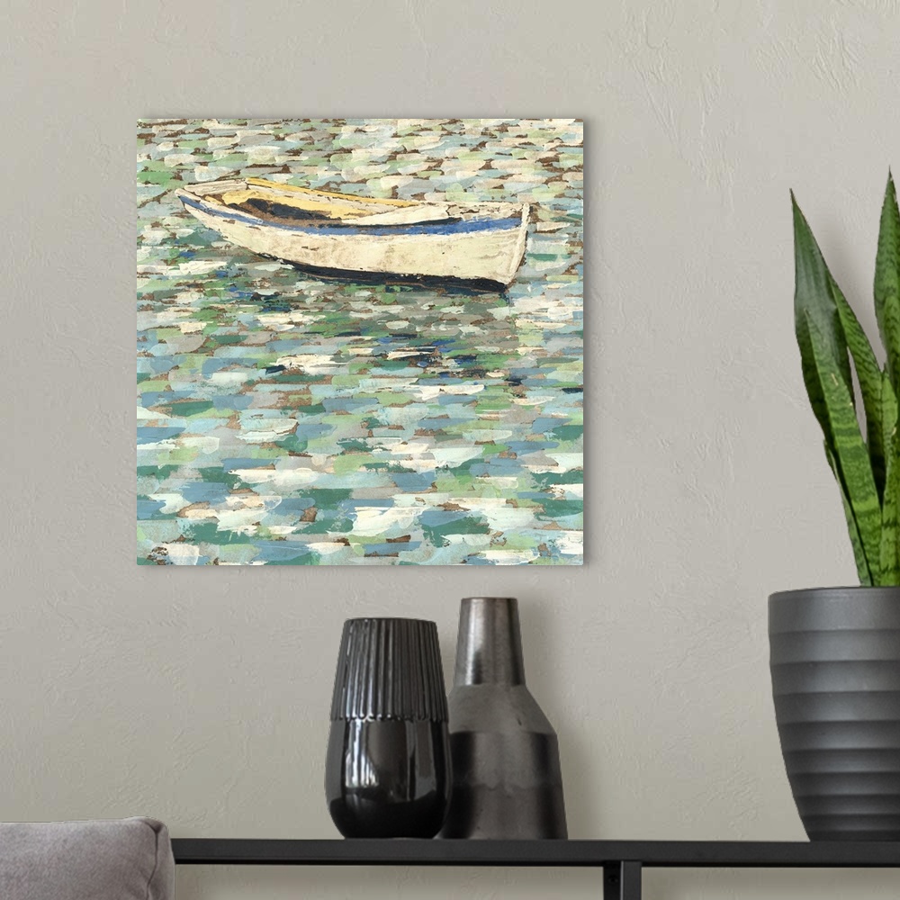 A modern room featuring Contemporary painting of an empty row boat in still water.