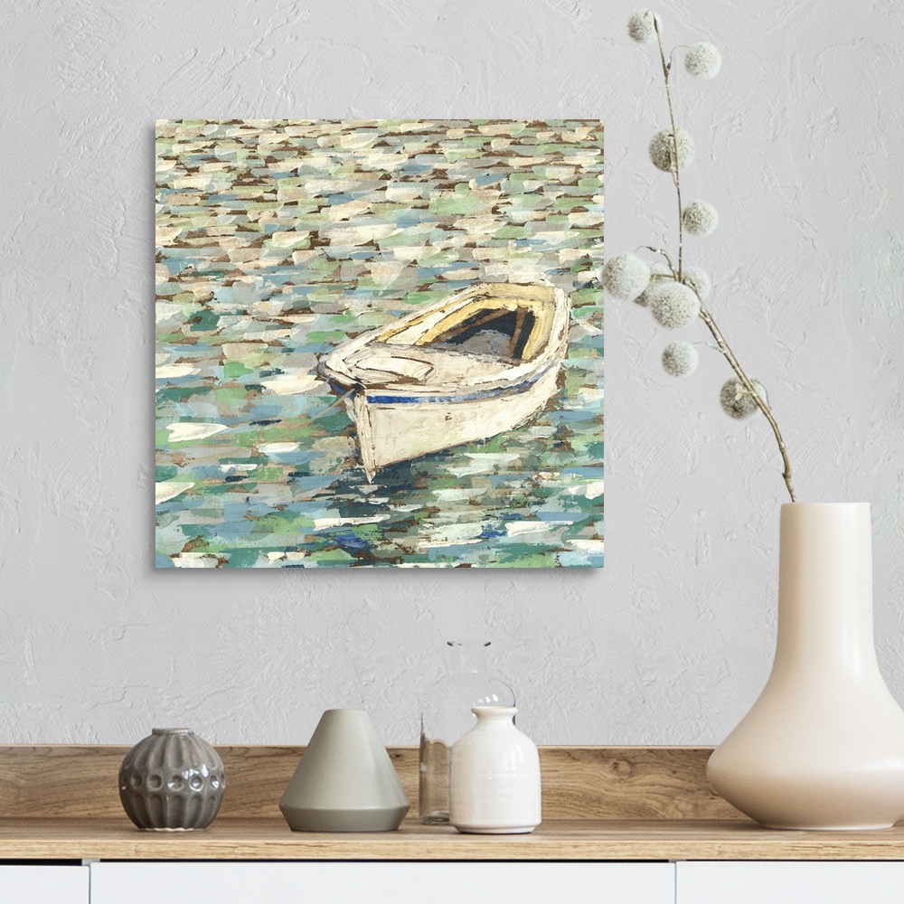 A farmhouse room featuring Contemporary painting of an empty row boat in still water.