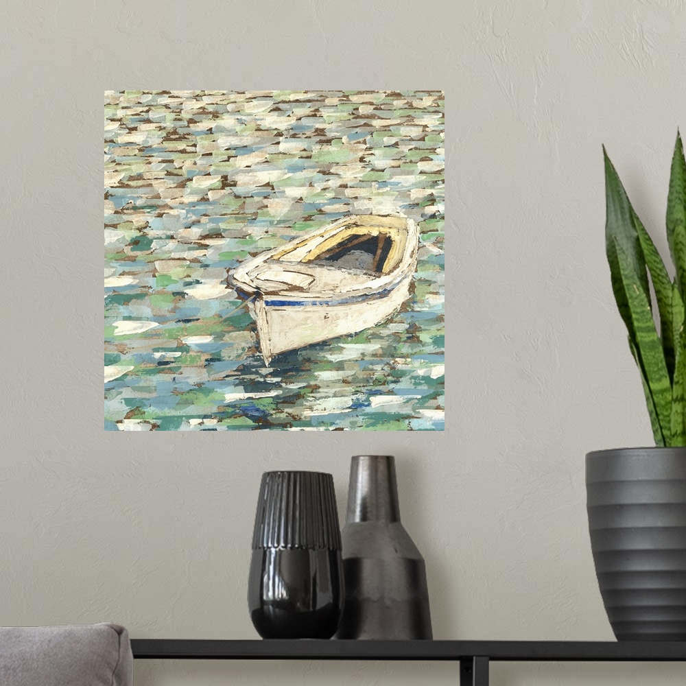A modern room featuring Contemporary painting of an empty row boat in still water.