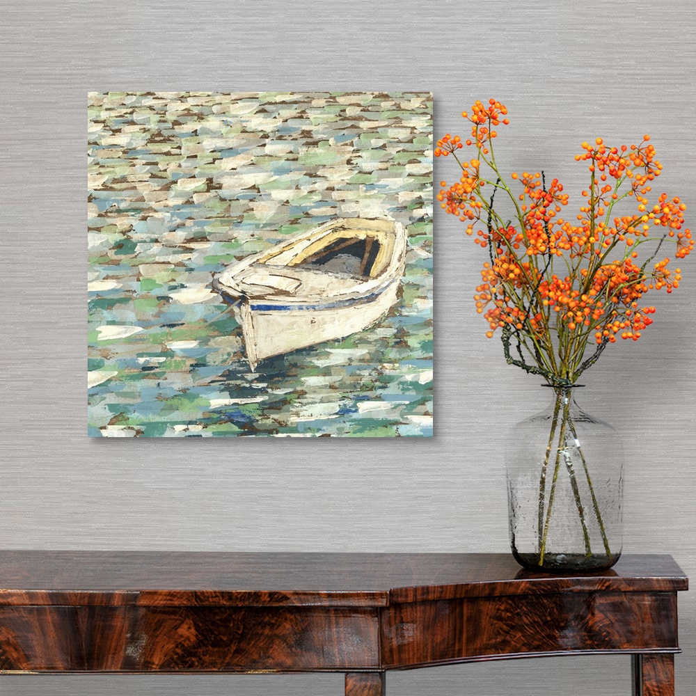A traditional room featuring Contemporary painting of an empty row boat in still water.