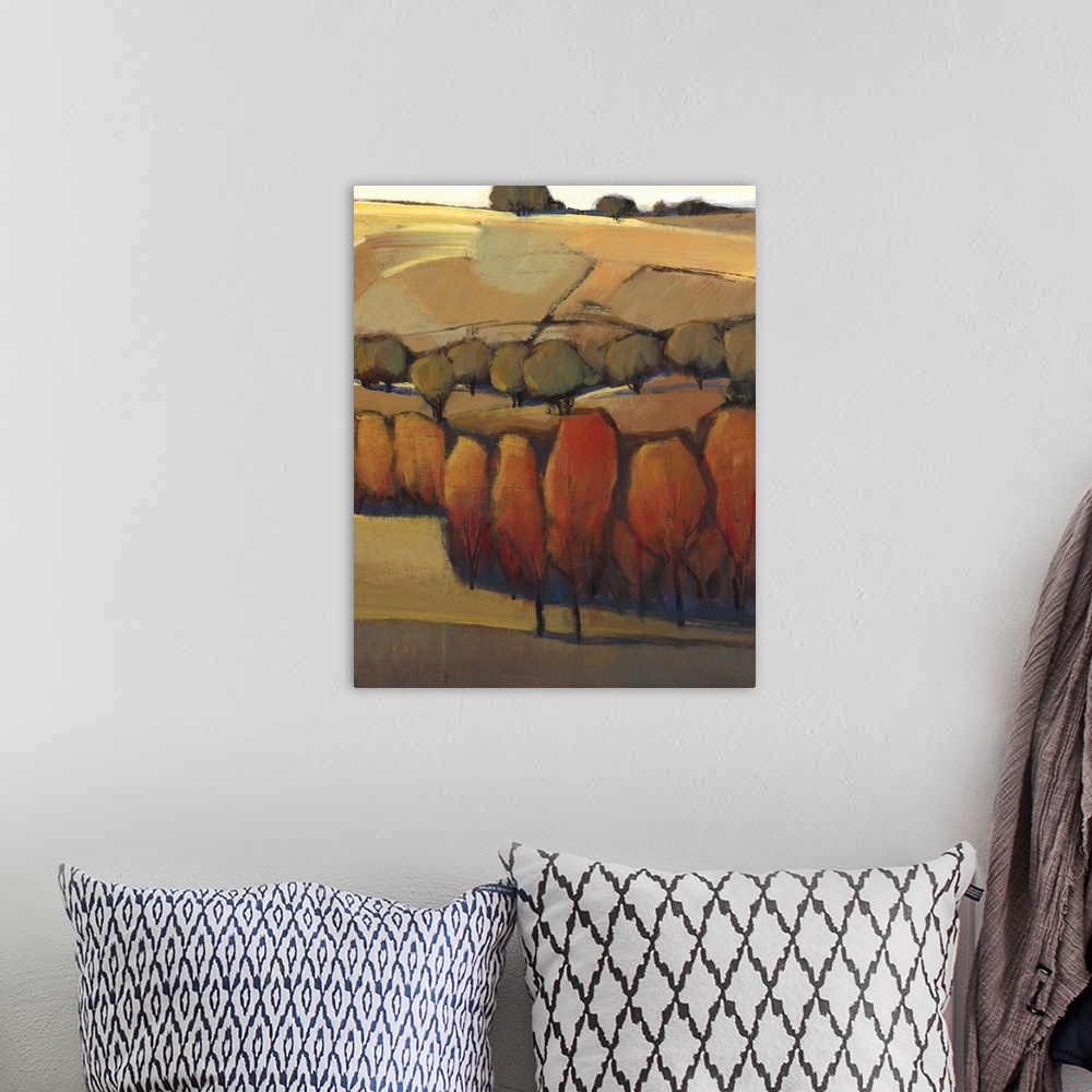 A bohemian room featuring Contemporary painting in warm tones of a rural landscape in autumn.