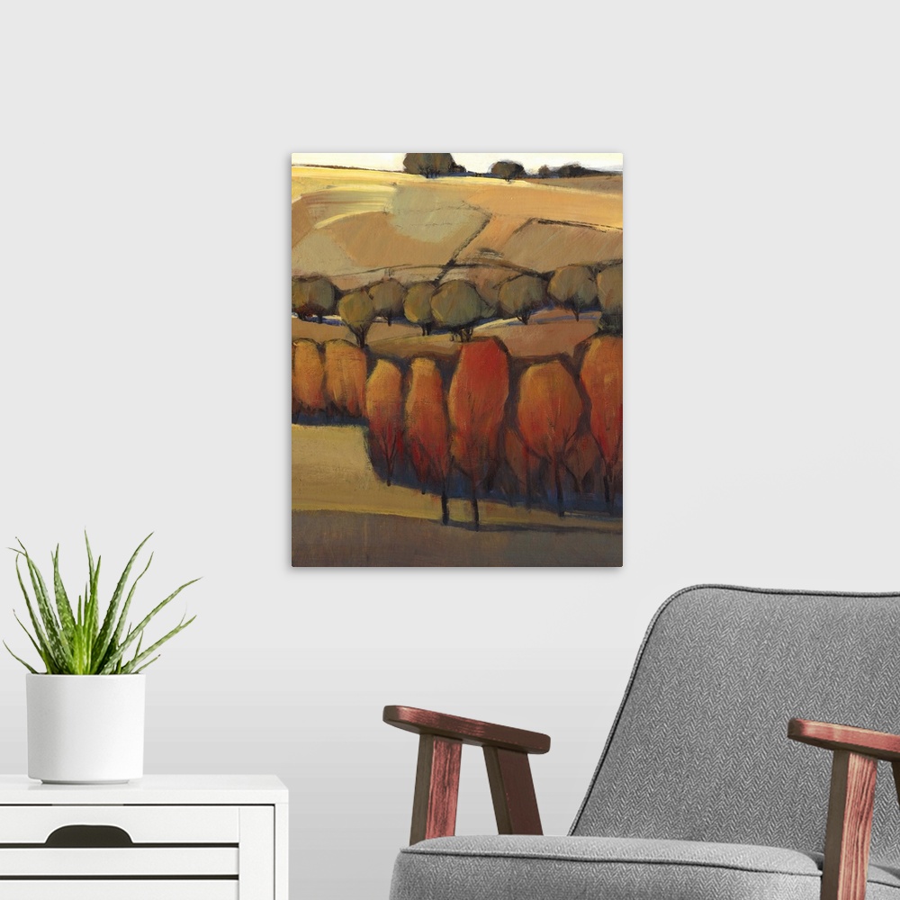 A modern room featuring Contemporary painting in warm tones of a rural landscape in autumn.