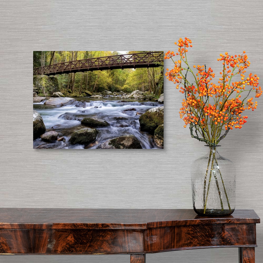 A traditional room featuring Photograph of a rushing river flowing under a bridge in a dense forest.