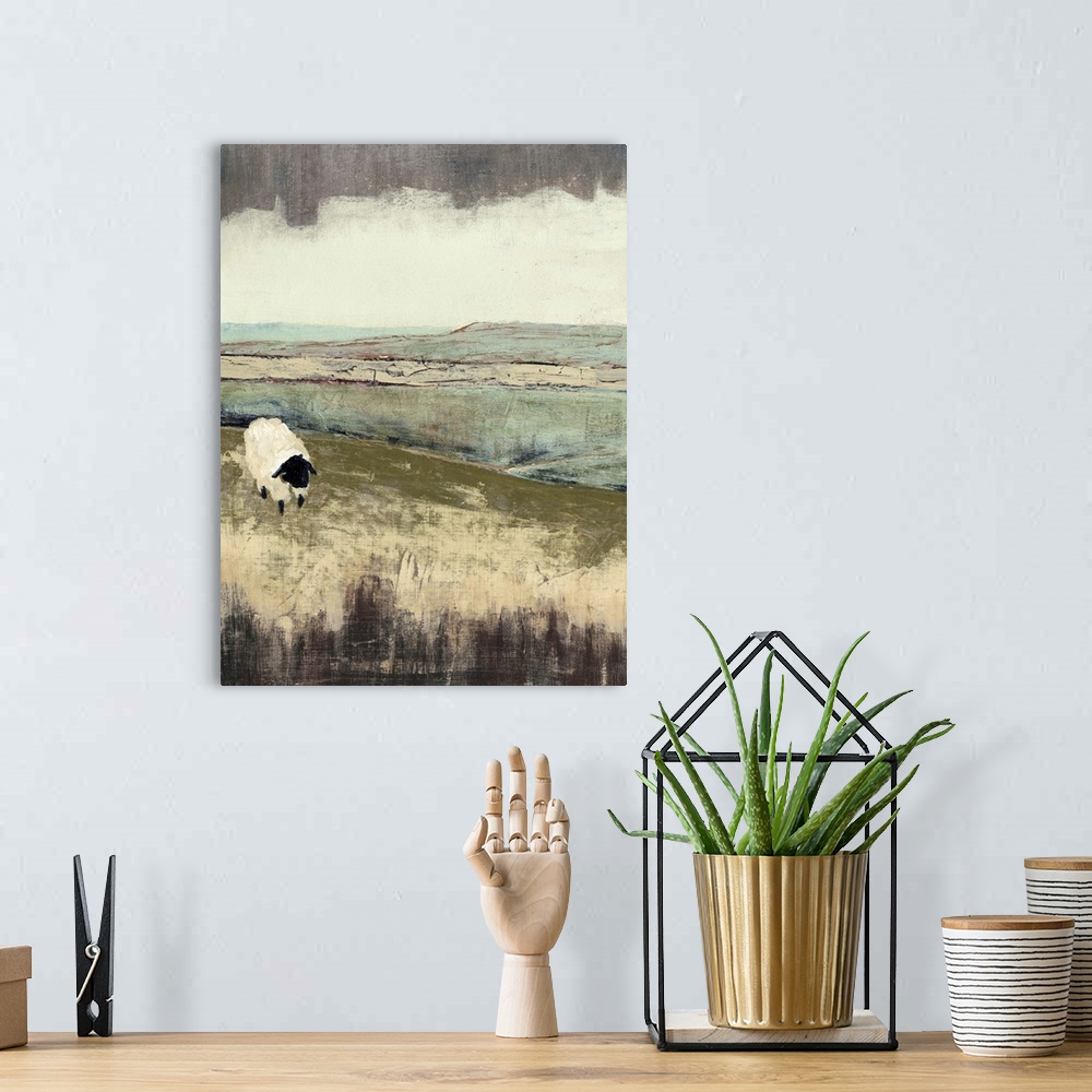 A bohemian room featuring Painting of a lone sheep in a field under a sky of dark clouds.
